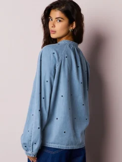 Marineblauw hart - Heart Embroidered V-Neck Puff Sleeve Denim Blouse*Next Online