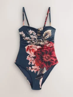 Marineblauw met bloemenprint - Vormgevend bandeaubadpak met buikcorrectie*Next Hot