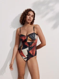 Marineblauw/oranje met palmprint - Vormgevend bandeaubadpak met buikcorrectie*Next Hot