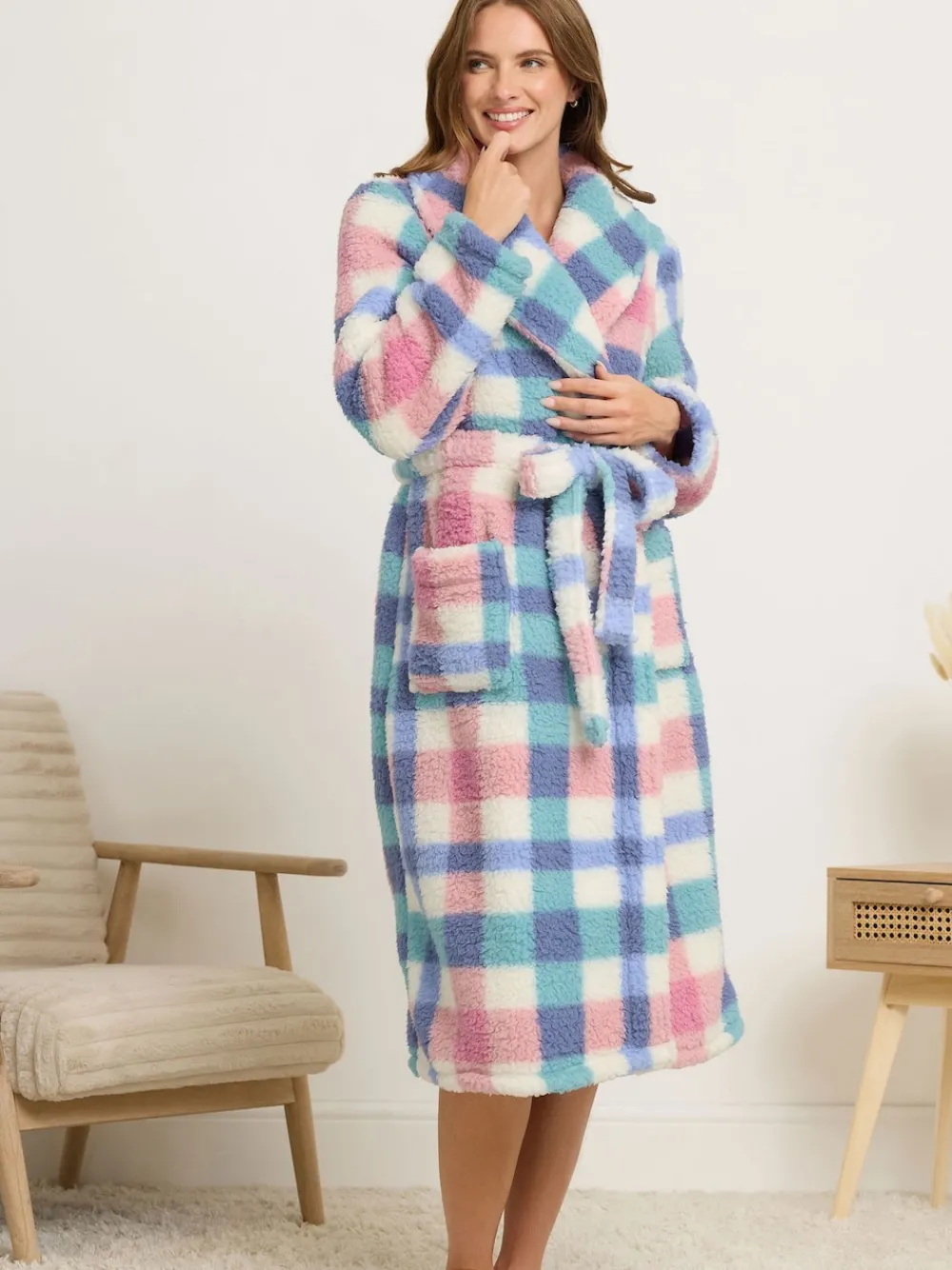 Multi Check Borg Shawl Robe*M&Co Sale