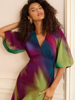 Meerkleurig ombré-effect - - Midi-jurk met print, V-hals en pofmouwen*Love & Roses Sale