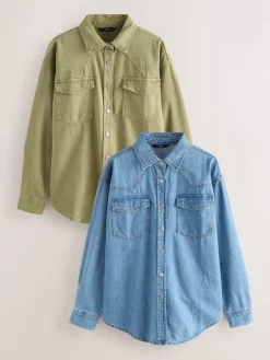 Mid Blue and Khaki Green - Oversized Denim Shirts 2 Pack*Next Clearance