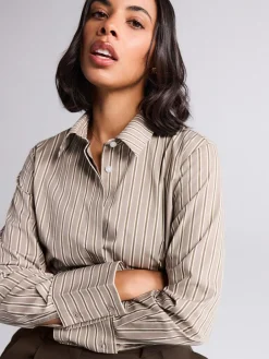 Mokkabruin gestreept - Fitted Stretch Essential Long Sleeve Shirt*Next Hot