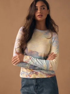 Monet Graphic License - Long Sleeve Washed Effect Raw Seam T-Shirt*Next Outlet