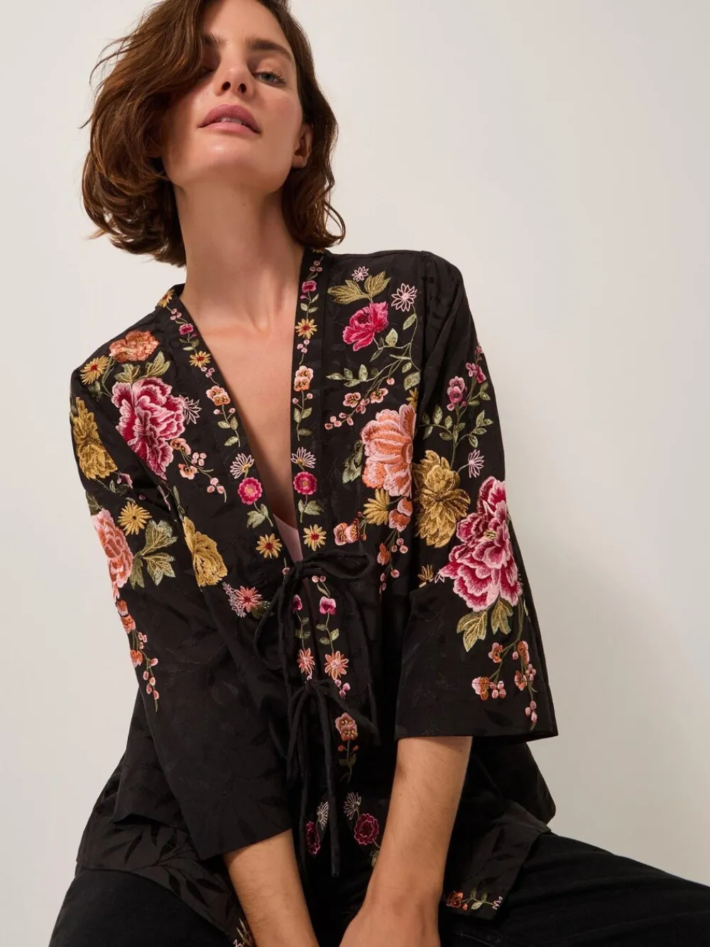 Maggie Tie-Front Embroidered Kimono Cover-Up*Monsoon Sale