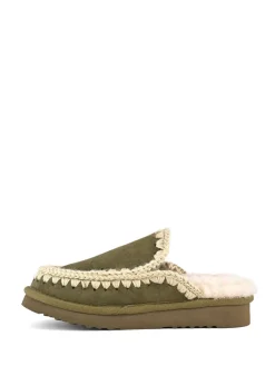 Suede Full Eskimo Sheepskin Lined Stitch Mule Slippers*Mou Best