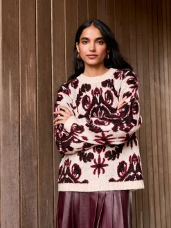Naturel/Bordeauxrood - Statement trui met Paisley en ronde hals*Next Discount