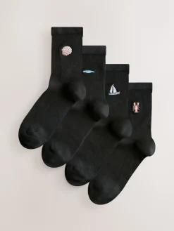 Nautische Vissersprint - Set van 4 paar enkelsokken met geborduurd motief*Next New