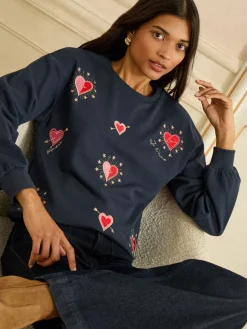 Navy Blue Heart Embroidery - - Jersey sweatshirt met ronde hals*Love & Roses Online