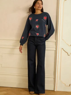 Navy Blue Heart Embroidery - - Jersey sweatshirt met ronde hals*Love & Roses Online