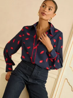 Navy Lips Print - Long Sleeve Button Through Shirt*Love & Roses Clearance