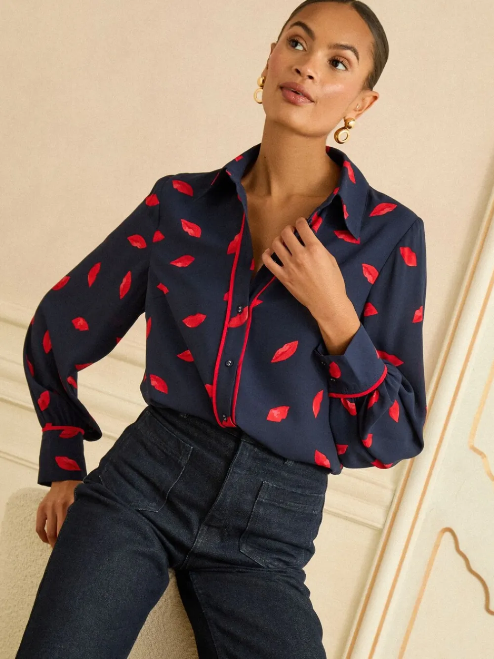 Navy Lips Print - Long Sleeve Button Through Shirt*Love & Roses Clearance