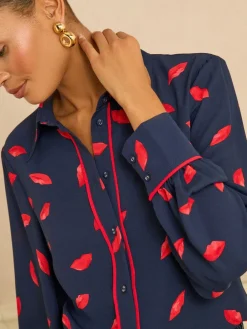 Navy Lips Print - Long Sleeve Button Through Shirt*Love & Roses Clearance