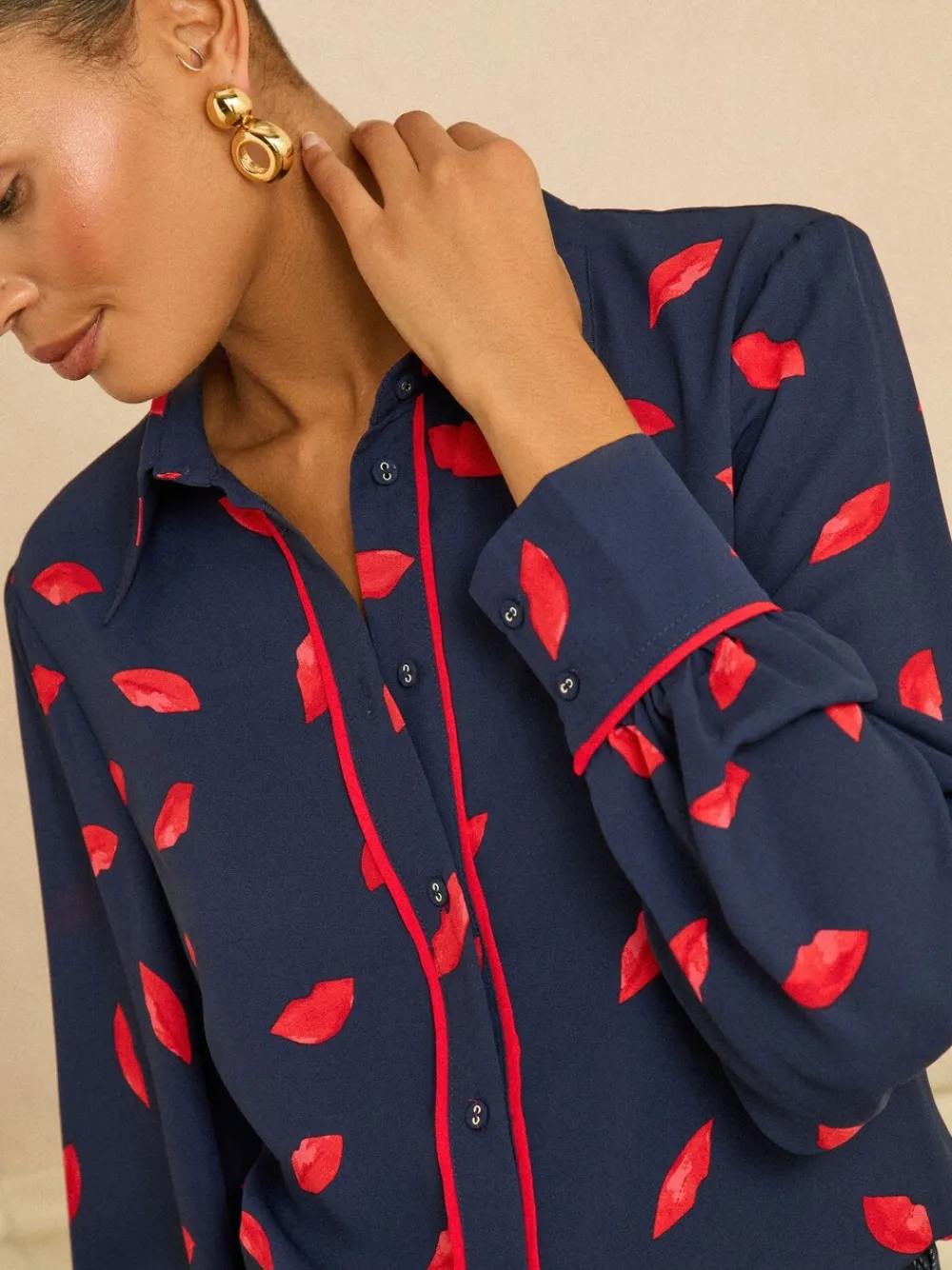 Navy Lips Print - Long Sleeve Button Through Shirt*Love & Roses Clearance