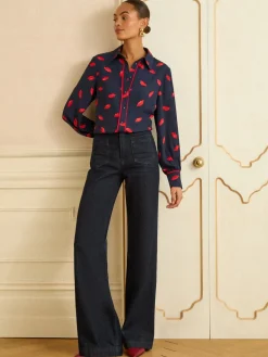 Navy Lips Print - Long Sleeve Button Through Shirt*Love & Roses Clearance