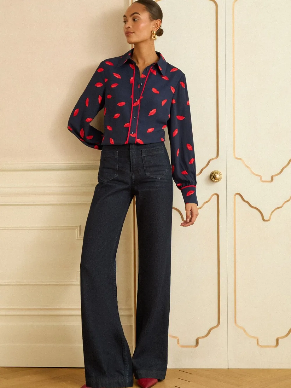 Navy Lips Print - Long Sleeve Button Through Shirt*Love & Roses Clearance