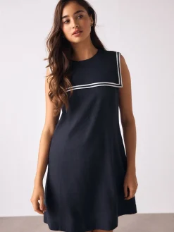 Navy with Ecru Tipping - Sailor Collar Mini Dress with Linen*Next Online