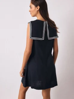 Navy with Ecru Tipping - Sailor Collar Mini Dress with Linen*Next Online