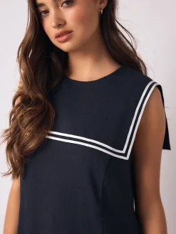 Navy with Ecru Tipping - Sailor Collar Mini Dress with Linen*Next Online