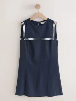 Navy with Ecru Tipping - Sailor Collar Mini Dress with Linen*Next Online