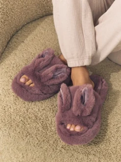 Nertsgrijs/bruin - Bunny Faux Fur Slider Slippers*Next Clearance