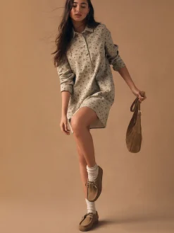 Neutraal gebloemd - Long Sleeve Cotton Twill Overhead Shirt Dress*Next New