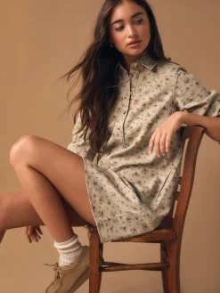 Neutraal gebloemd - Long Sleeve Cotton Twill Overhead Shirt Dress*Next New