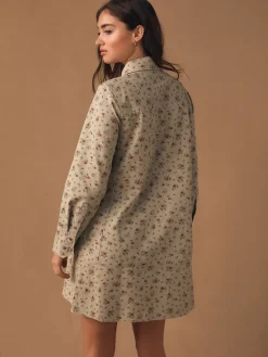 Neutraal gebloemd - Long Sleeve Cotton Twill Overhead Shirt Dress*Next New