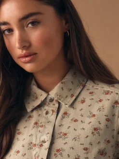 Neutraal gebloemd - Long Sleeve Cotton Twill Overhead Shirt Dress*Next New