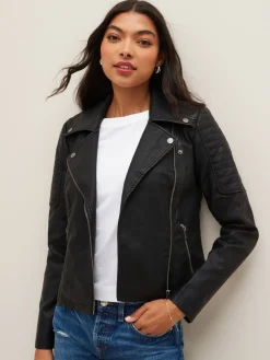 100% Cotton Leather Look Biker Jacket*NOISY MAY Sale
