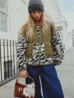 Olive Green/Animal Print - Fluffy Cosy Woven Button Through Borg Jacket*Next Online