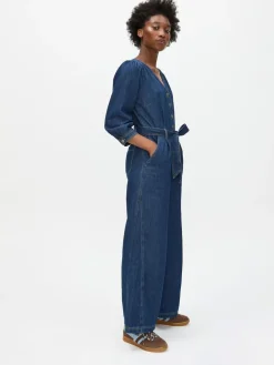 Denim V-Neck Tie Waist Jumpsuit*Oliver Bonas Online