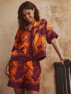 Orange/Burgundy Exotic Border Print - Elasticated Waist Resort Shorts*Next Discount