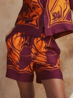 Orange/Burgundy Exotic Border Print - Elasticated Waist Resort Shorts*Next Discount