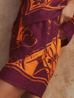 Orange/Burgundy Exotic Border Print - Elasticated Waist Resort Shorts*Next Discount
