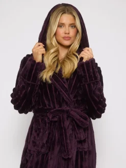 - Plush Ridged Fleece Midi Hooded Dressing Gown*Loungeable Clearance