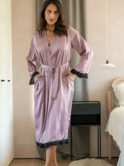 - Dusk Satin and Lace Kimono Sleeve Dressing Gown*Pour Moi Outlet