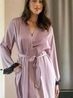 - Dusk Satin and Lace Kimono Sleeve Dressing Gown*Pour Moi Outlet
