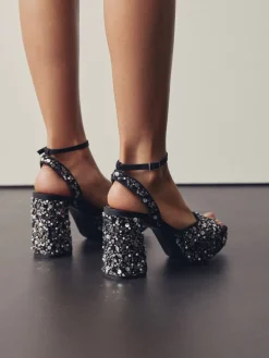 Pailletten - Forever Comfort® Square Toe Sequin Block Heeled Sandals*Next Discount