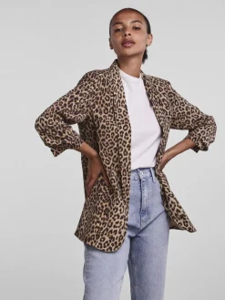 - Luipaardprint blazer met ruimvallende werkkleding en gerimpelde mouwen van 100% katoen*PIECES Discount
