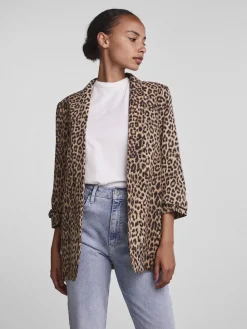 - Luipaardprint blazer met ruimvallende werkkleding en gerimpelde mouwen van 100% katoen*PIECES Discount