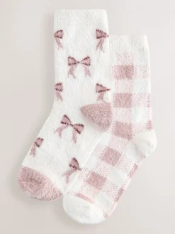 Pink Gingham/ Bows - 2 Paar superharige behaaglijke sokken*Next Clearance