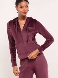 Plumb Paars - - Geborduurde velours hoodie met rits*Lipsy Sale