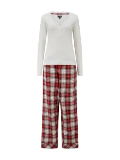 Rib Jersey Lace Trim Henley Top and Check Trousers Pyjamas Set*Pour Moi Discount