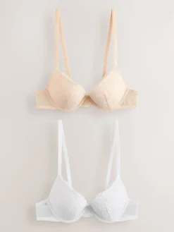 Praline huidskleur & wit - Set van 2 push-up beha's met lage decolleté en kant*Next Best