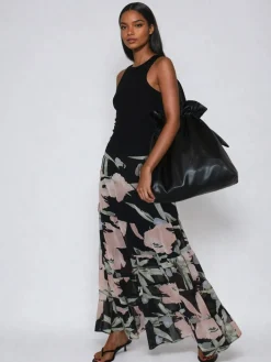 Angelina Tiered Maxi Skirt In Soft Floral On Black Georgette*Religion New