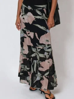 Angelina Tiered Maxi Skirt In Soft Floral On Black Georgette*Religion New