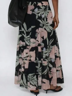Angelina Tiered Maxi Skirt In Soft Floral On Black Georgette*Religion New