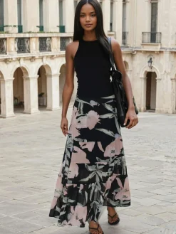 Angelina Tiered Maxi Skirt In Soft Floral On Black Georgette*Religion New