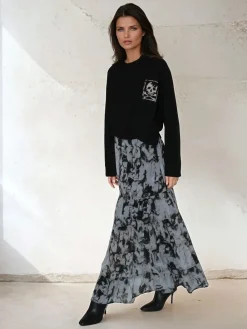 Citrine Tiered Maxi Skirt In Dark Abstract Print*Religion Outlet